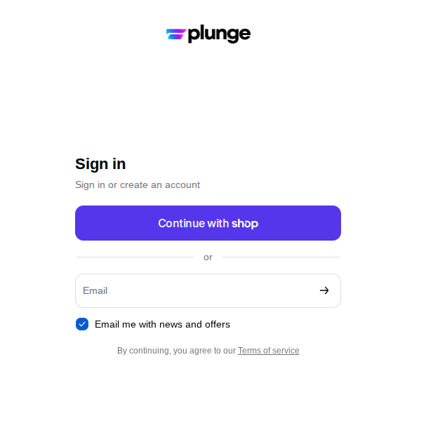 Plunge sign-in page with a Continue with Shop button and an email field